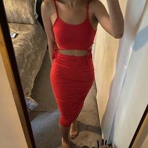 LAST ONE "Be Mine" Sexy Red Cut-out Crop Top & Ruched Midi Skirt Set